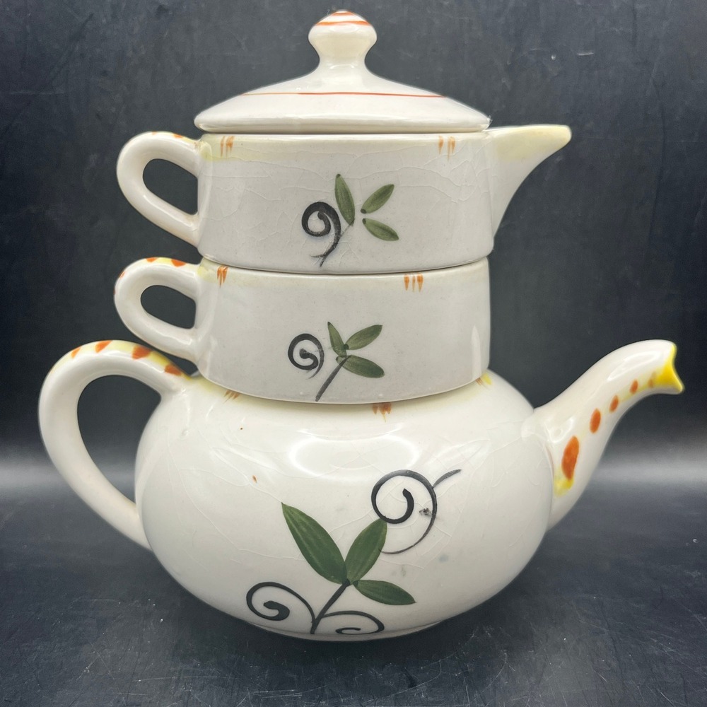 Vtg Stackable Rooster Tea For‎ One Set Ceramic Teapot Creamer Sugar 6" MCM Decor